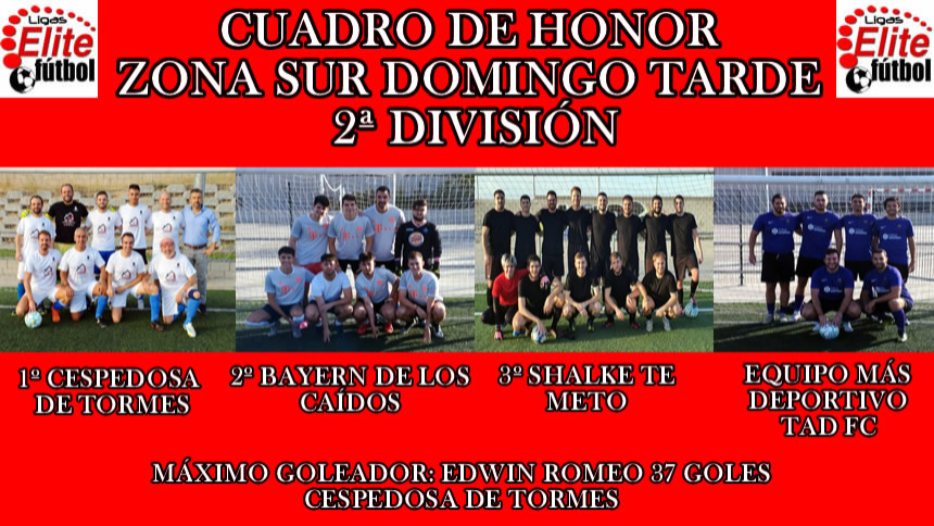 CUADRO DE HONOR ZONA SUR DOMINGO TARDE 2ª DIVISIÓN